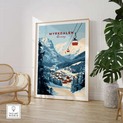 Charming Myrkdalen ski poster featuring a scenic winter landscape with a ski lift and cozy village, perfect for winter enthusiasts.