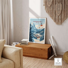 Charming Myrkdalen ski poster displayed in a cozy living room, perfect for winter enthusiasts and ski decor.