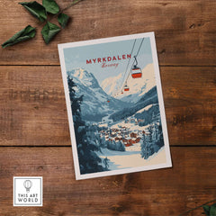 Charming Myrkdalen Ski Poster featuring a snowy landscape and ski lifts, perfect for winter enthusiasts in Norway.