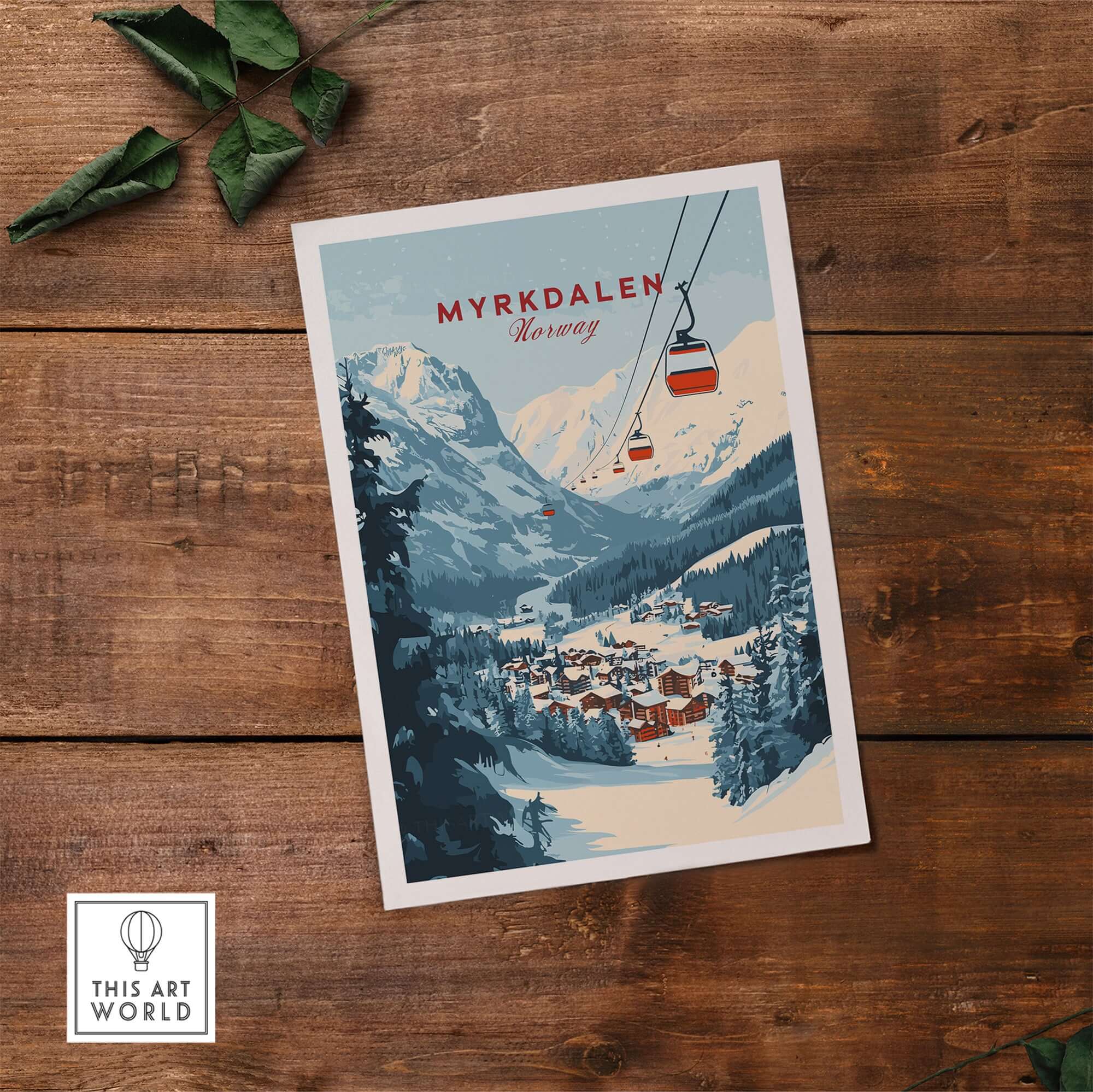 Charming Myrkdalen Ski Poster featuring a snowy landscape and ski lifts, perfect for winter enthusiasts in Norway.