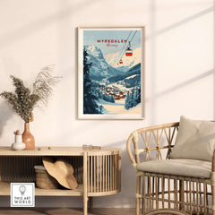 Charming Myrkdalen ski poster featuring scenic Norway mountains, perfect for winter enthusiasts.