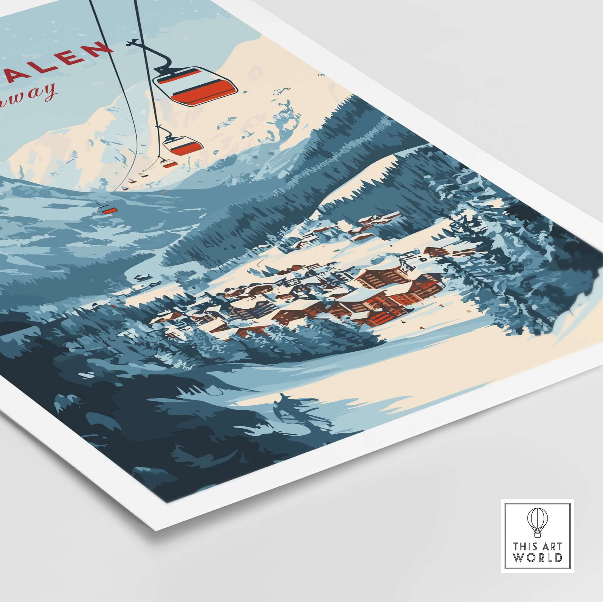 Charming Myrkdalen Ski Poster showcasing a winter landscape with a ski lift and snowy village in Norway.