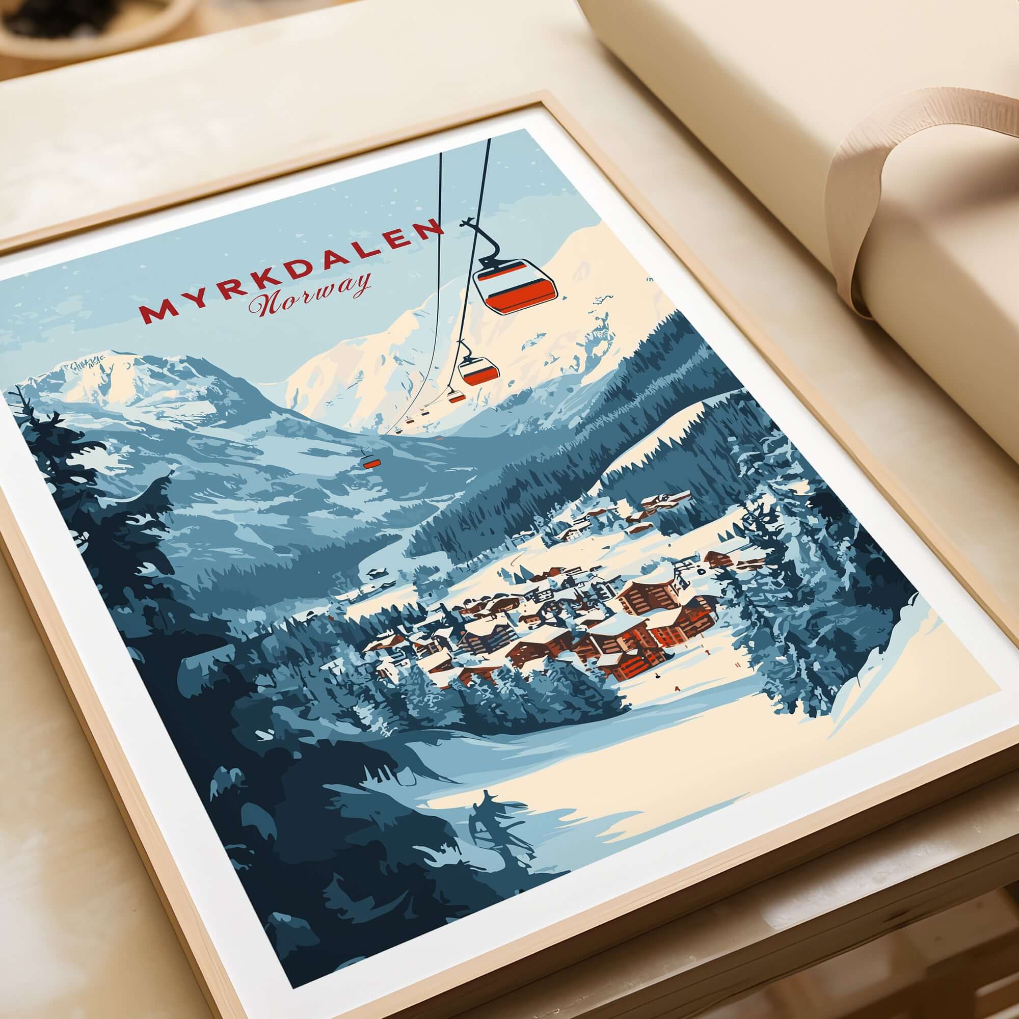 Charming Myrkdalen ski poster featuring ski lifts and snowy mountains, perfect for winter enthusiasts.