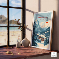 Charming Myrkdalen ski poster showcasing snowy mountains and a ski lift, perfect for winter enthusiasts.