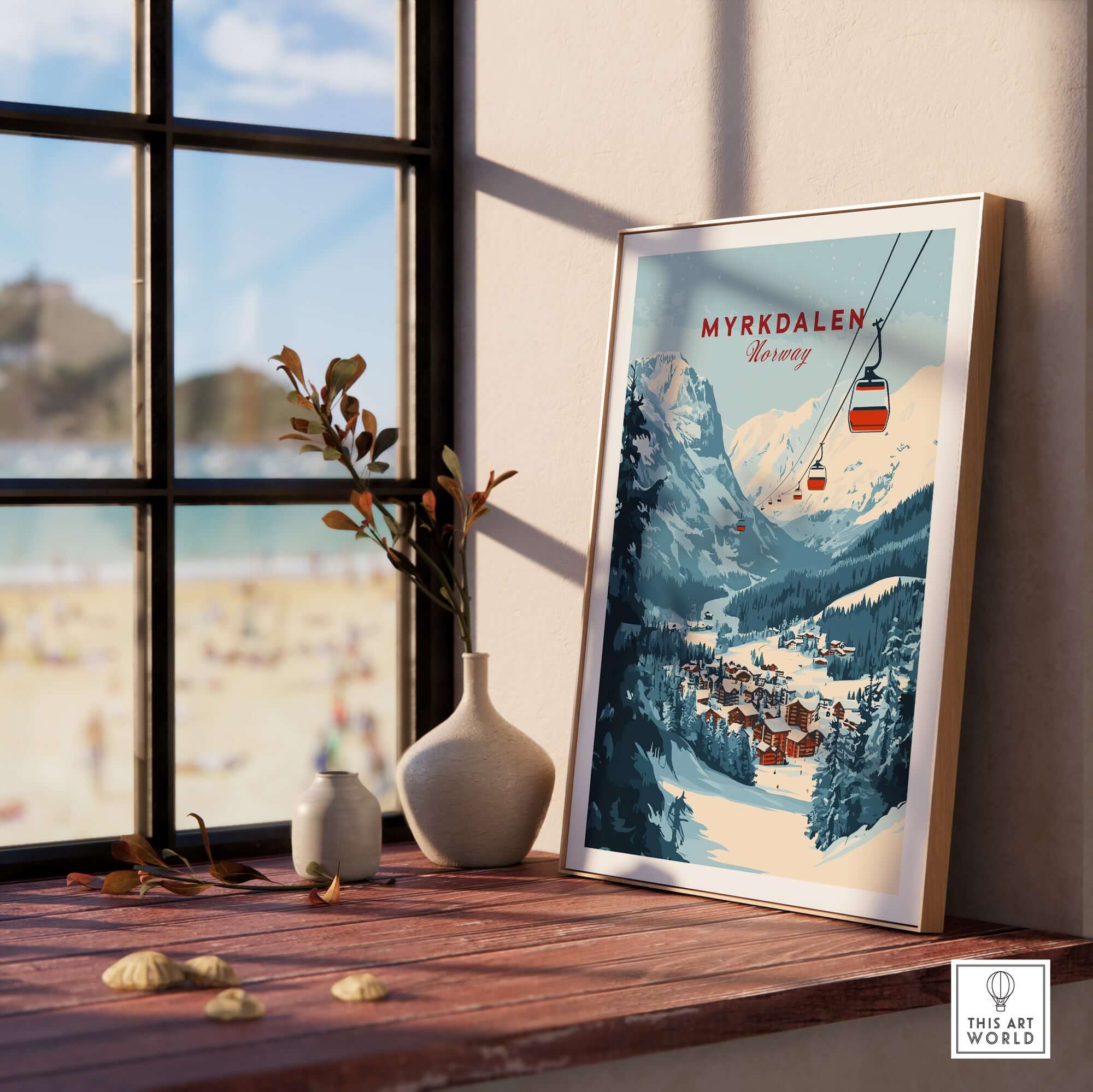 Charming Myrkdalen ski poster showcasing snowy mountains and a ski lift, perfect for winter enthusiasts.
