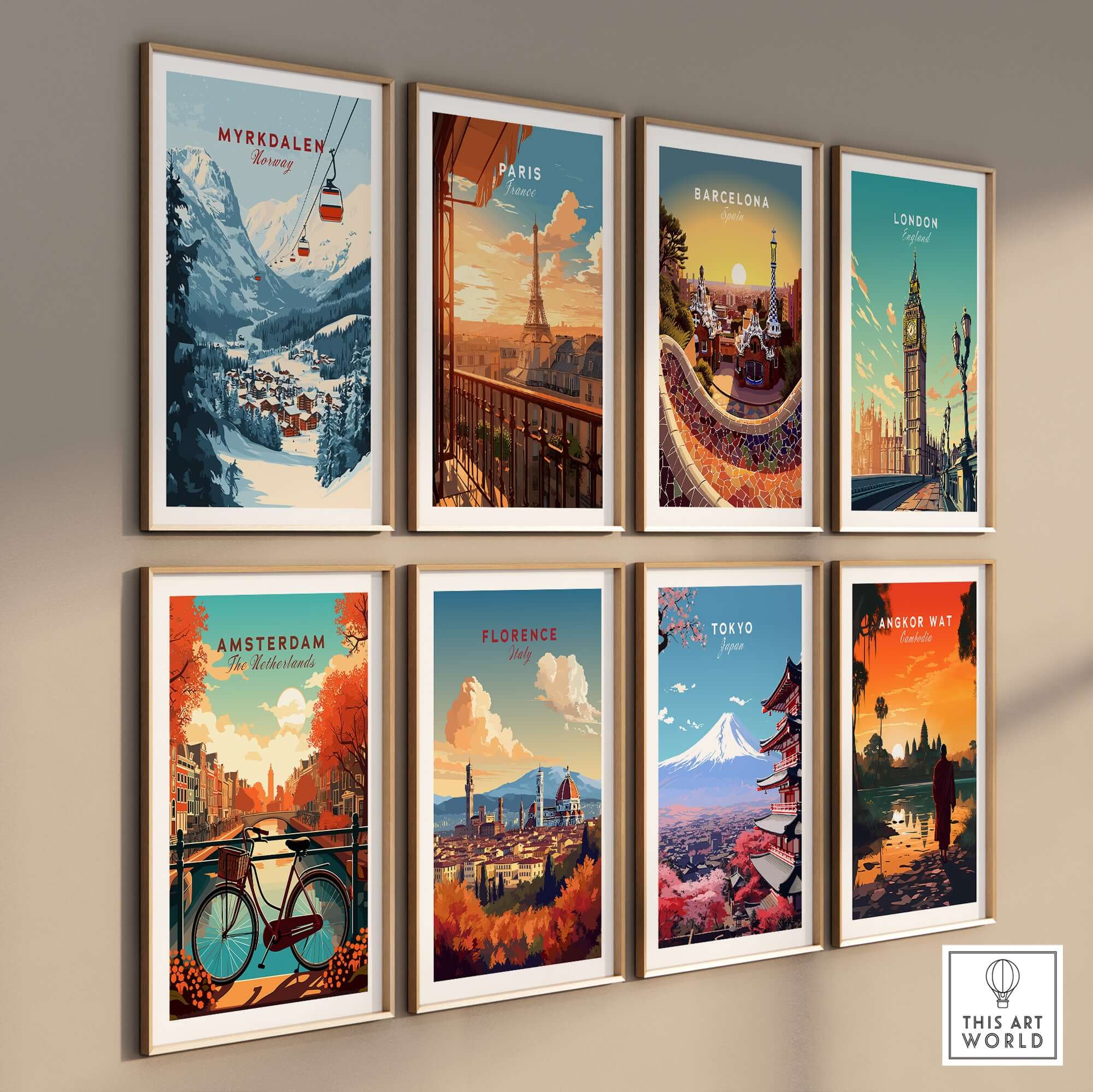 Charming Myrkdalen ski poster and travel prints showcasing iconic cities like Paris, London, and Tokyo on gallery wall.