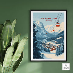 Charming Myrkdalen ski poster featuring a scenic winter landscape with ski lifts, perfect for winter enthusiasts.