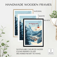 Three handmade wooden frames in natural, white, and black styles showcasing a Myrkdalen ski poster.