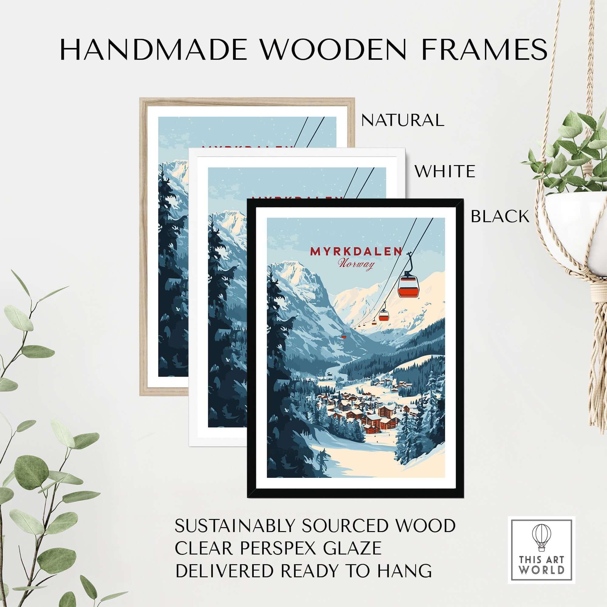 Three handmade wooden frames in natural, white, and black styles showcasing a Myrkdalen ski poster.