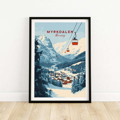 Charming Myrkdalen ski poster featuring a cable car and snowy mountains in Norway, perfect for winter enthusiasts.