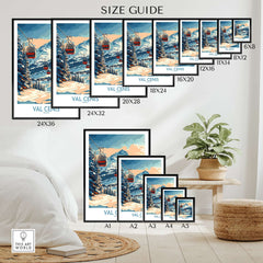 Val Cenis ski artwork size guide showcasing various frame sizes for home decor.