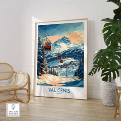 Chic Val Cenis ski artwork poster showcasing cable cars against snowy mountains, perfect for home decor.