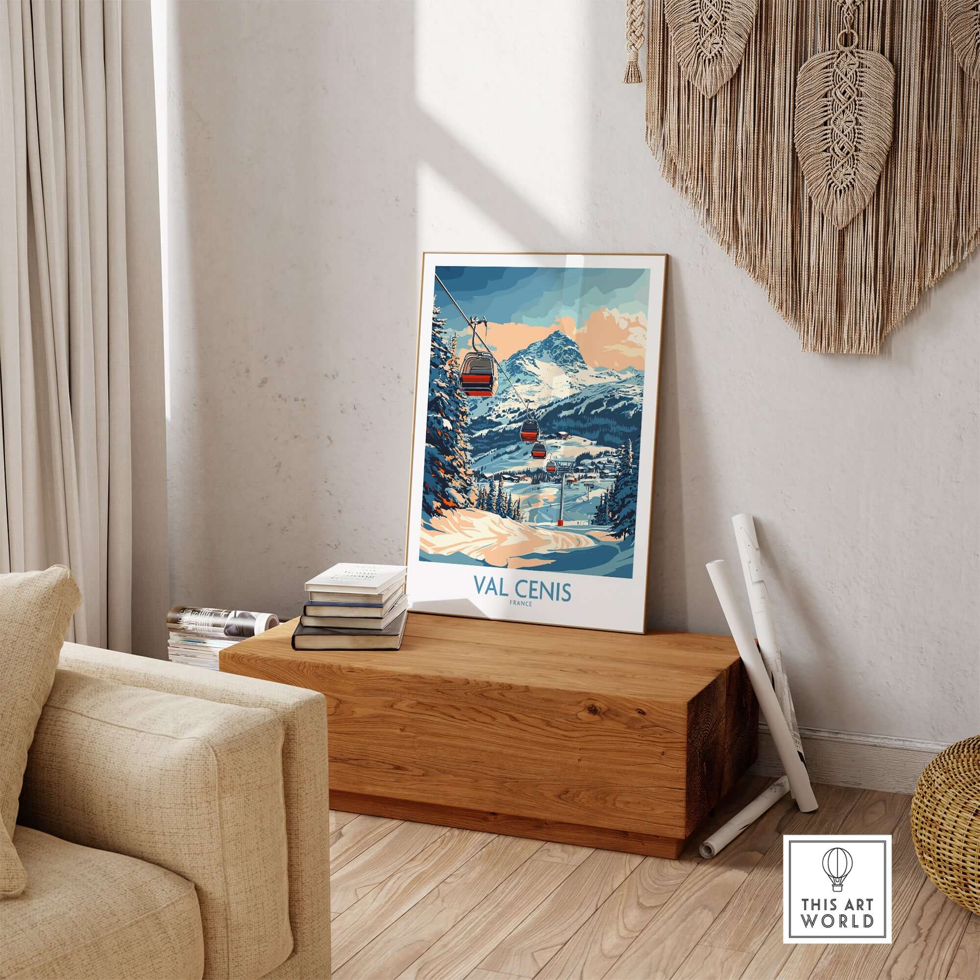 Val Cenis ski poster artwork featuring a scenic winter landscape and ski lift, ideal for home decor.