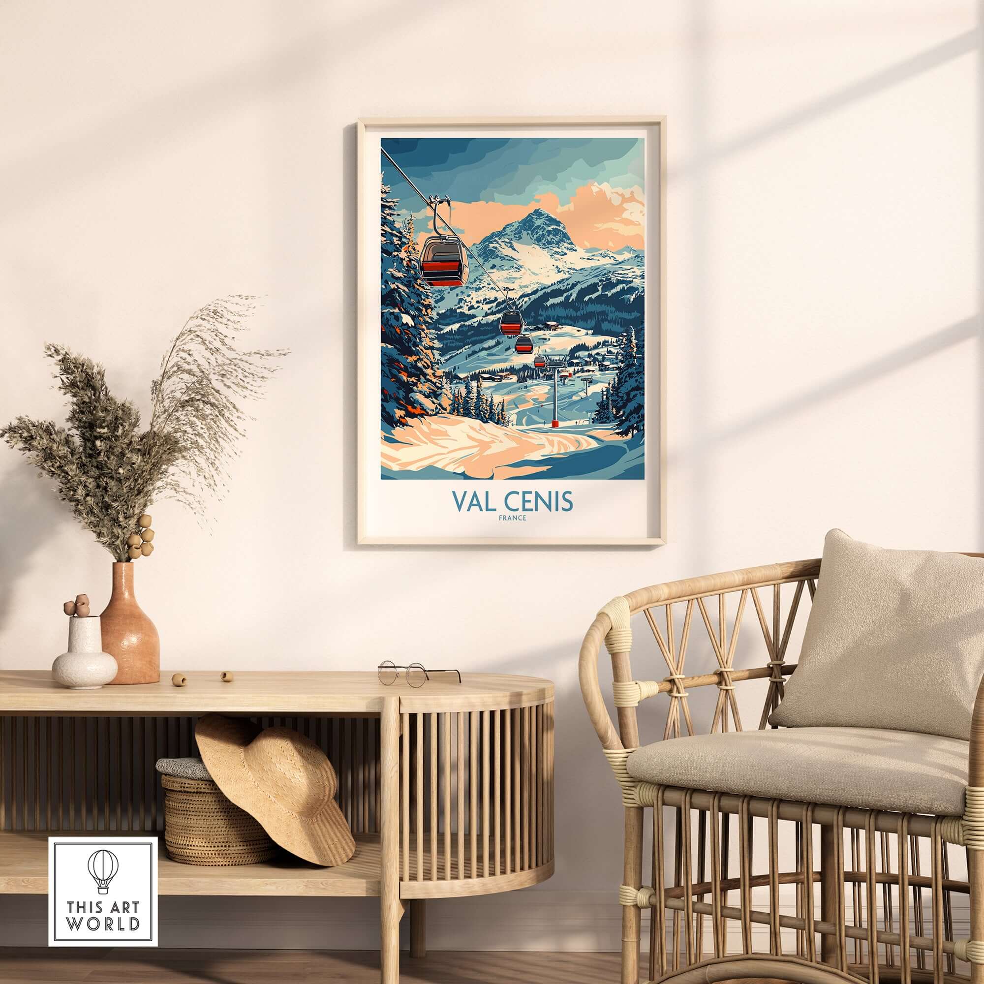 Framed Val Cenis ski poster showcasing a snowy mountain landscape and chair, perfect for home decor.