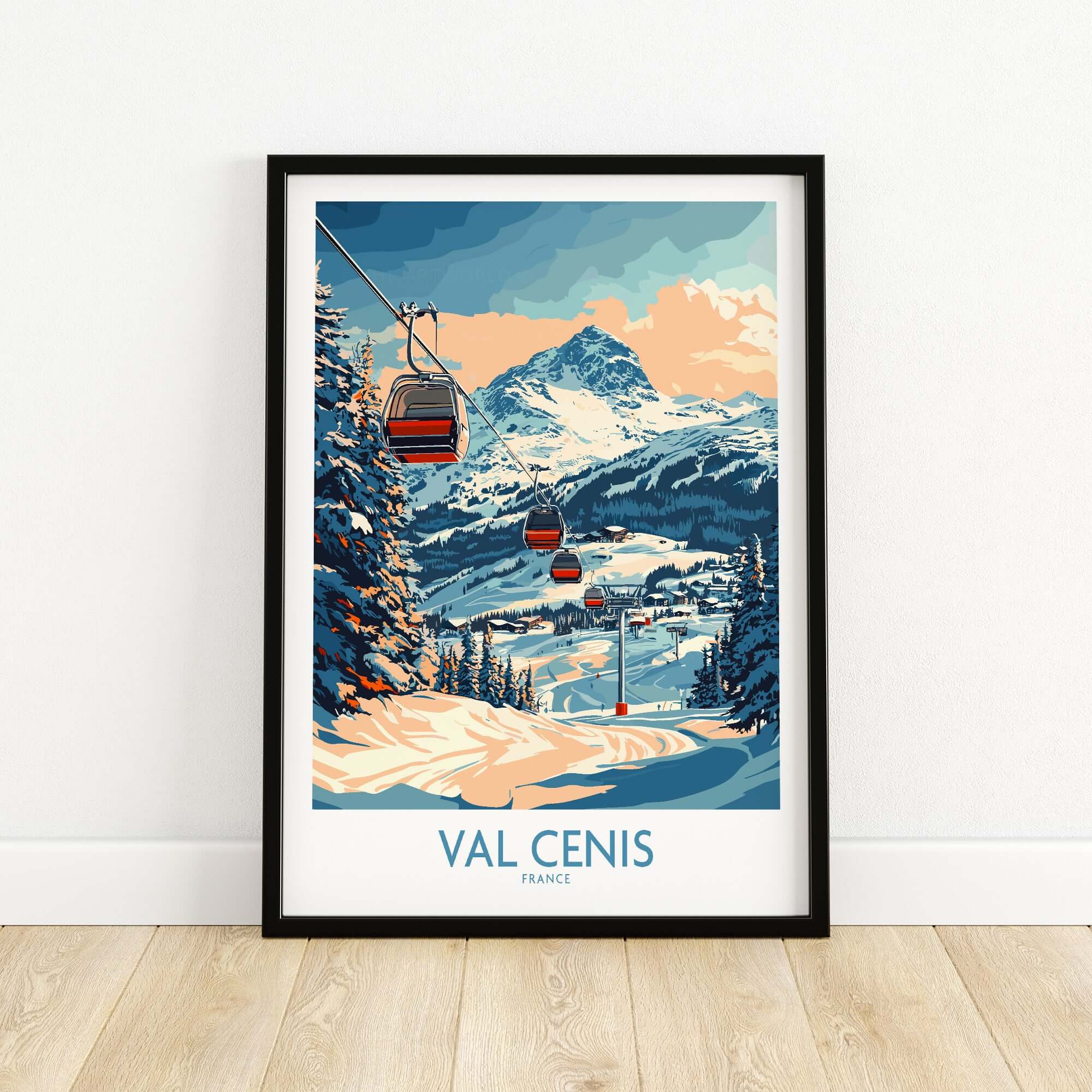 Chic Val Cenis ski poster artwork featuring gondolas and snowy mountains, perfect for home decor.