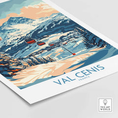Chic Val Cenis ski poster artwork featuring snow-covered slopes and ski lifts in France.