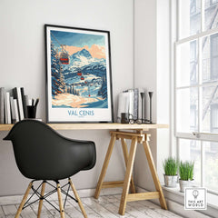 Chic Val Cenis ski artwork poster displayed in a stylish home office setting, perfect for ski lovers.