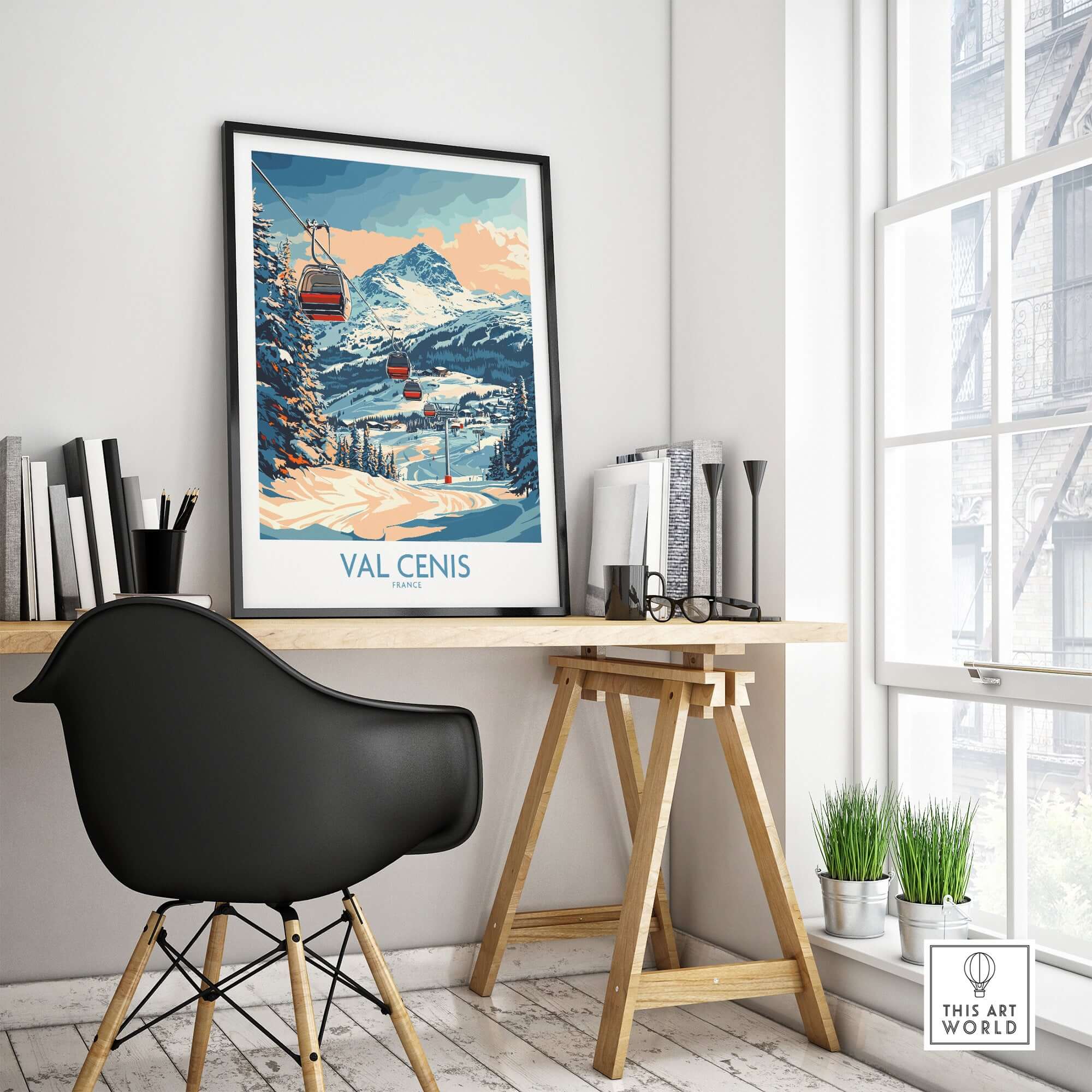 Chic Val Cenis ski artwork poster displayed in a stylish home office setting, perfect for ski lovers.