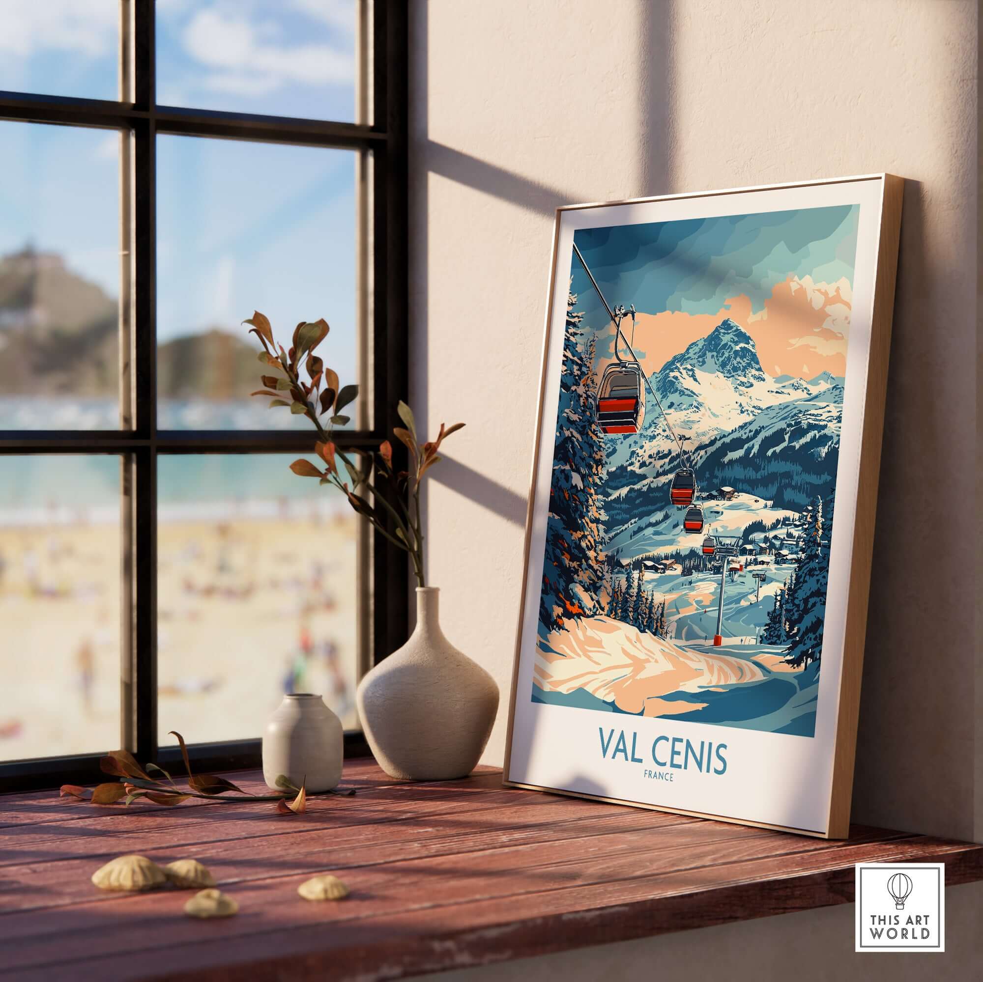 Chic Val Cenis ski poster showcased in a sunlit room, adding style to home decor with snowy mountain views.
