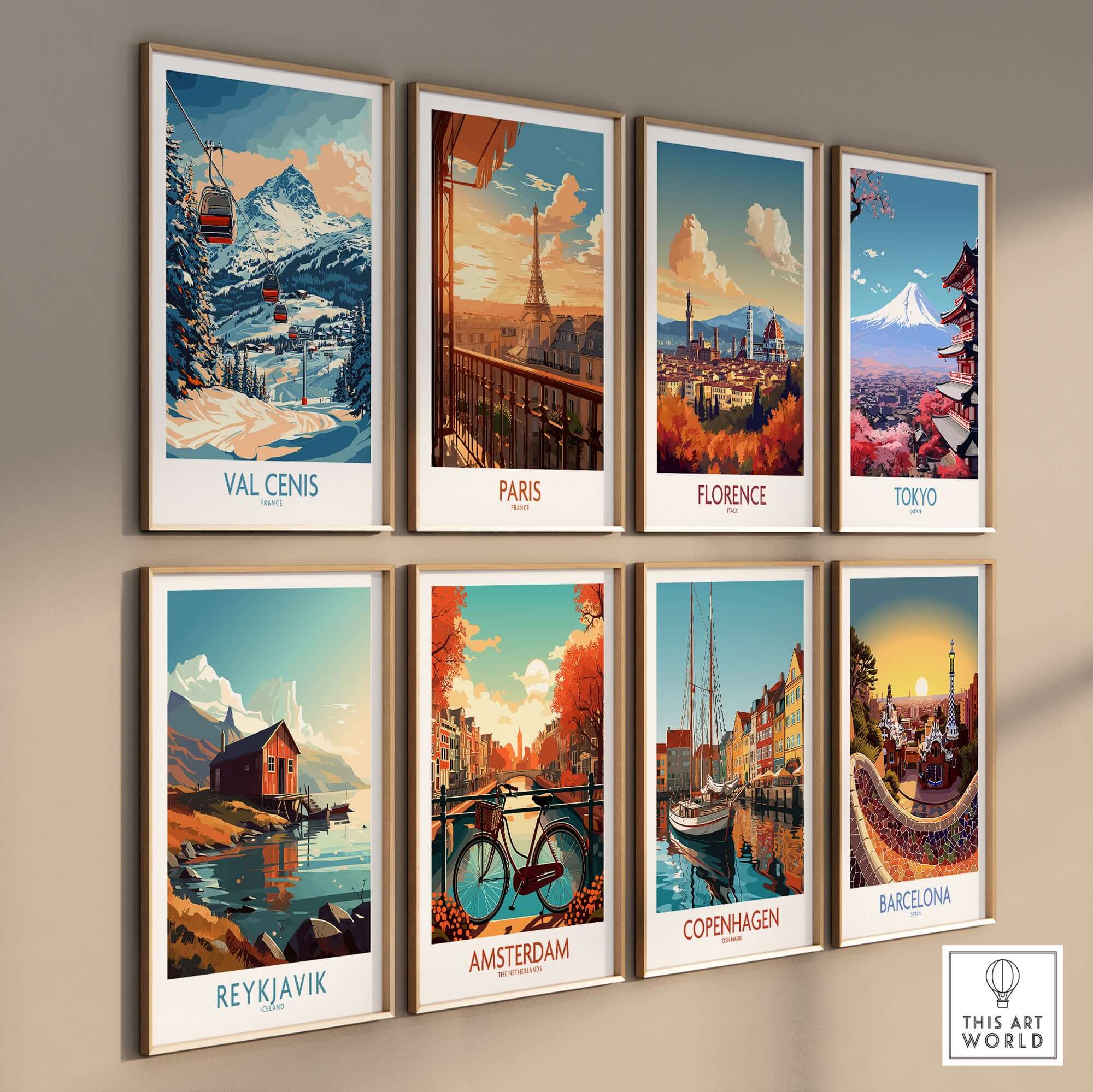 Chic Val Cenis and city artwork posters on wall, featuring global landmarks and ski themes.