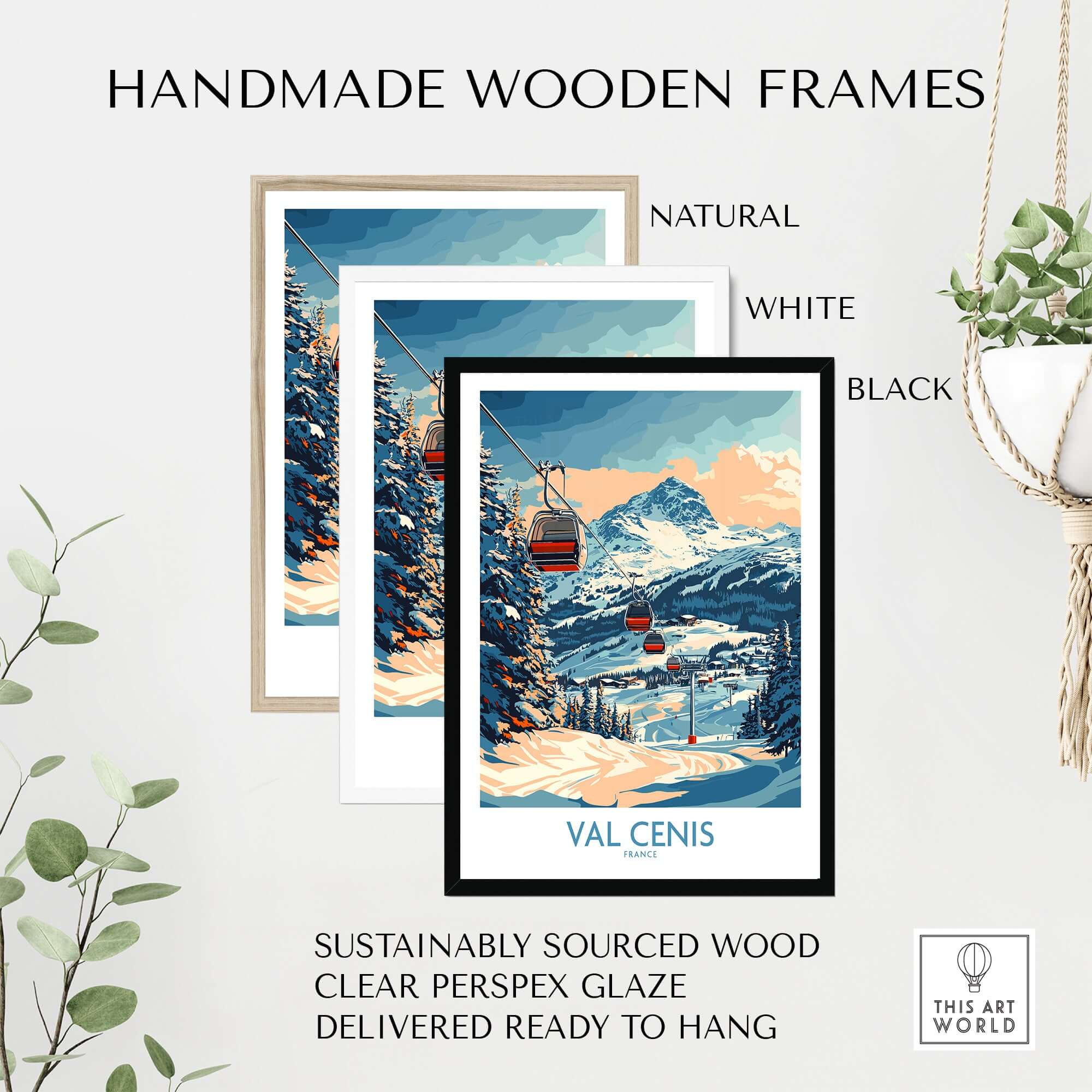 Handmade wooden frames for Val Cenis ski artwork in natural, white, and black finishes, ready to hang.