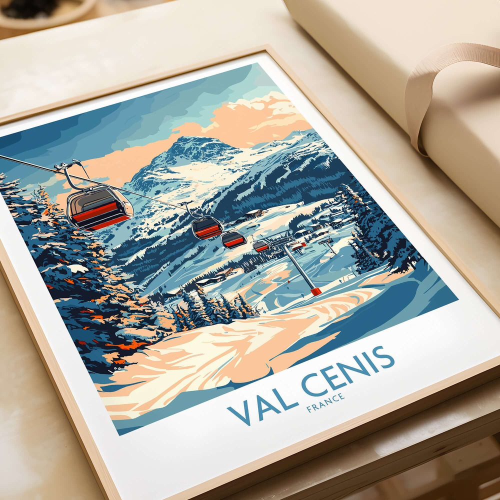 Chic Val Cenis ski poster featuring snow-covered mountains and ski lifts, perfect for home decor in France.