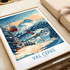 Chic Val Cenis ski poster featuring snow-covered mountains and ski lifts, perfect for home decor in France.