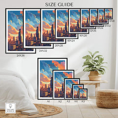 Chicago skyline poster size guide showcasing various print sizes in a stylish interior setting. Perfect for travel lovers and collectors.
