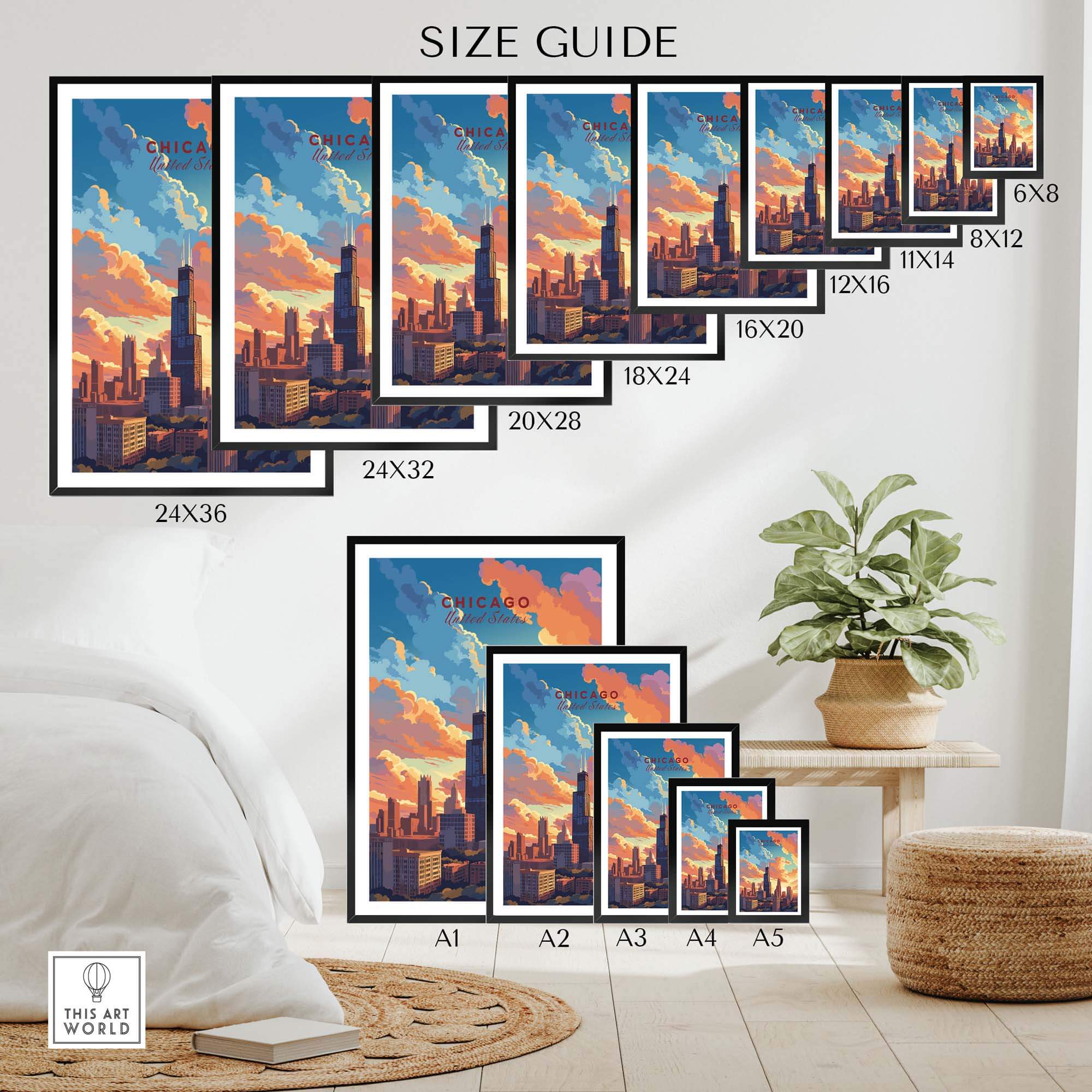 Chicago skyline poster size guide showcasing various print sizes in a stylish interior setting. Perfect for travel lovers and collectors.