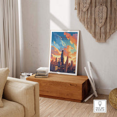 Chicago skyline poster in a stylish living room setting, perfect for travel collectors and home decor.