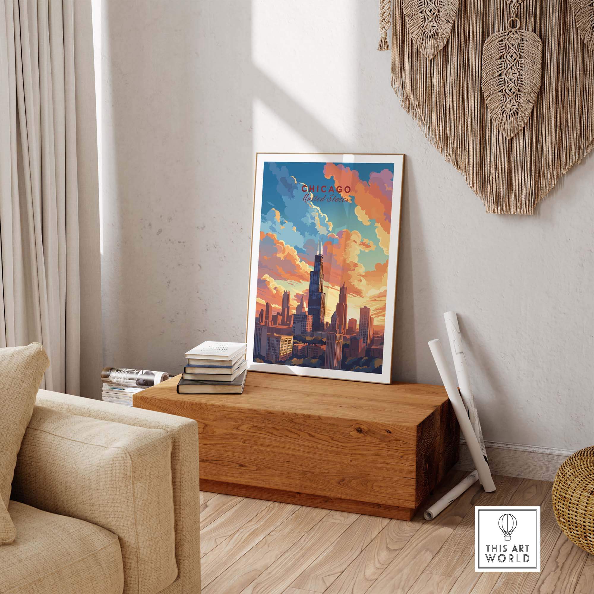Chicago skyline poster in a stylish living room setting, perfect for travel collectors and home decor.