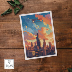 Chicago skyline poster featuring vibrant colors and clouds, perfect for travel collectors and art enthusiasts.