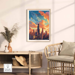 Vibrant Chicago skyline poster framed and displayed in a stylish living room setting, enhancing travel-inspired home decor.