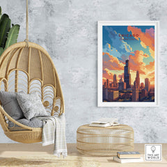 Chicago skyline poster in a stylish living room setting with a hanging chair and rattan ottoman. Vibrant travel art decor.