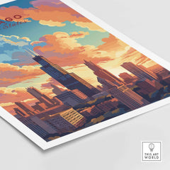 Vibrant Chicago skyline poster featuring colorful clouds and buildings, perfect for travel-themed décor and collectors.
