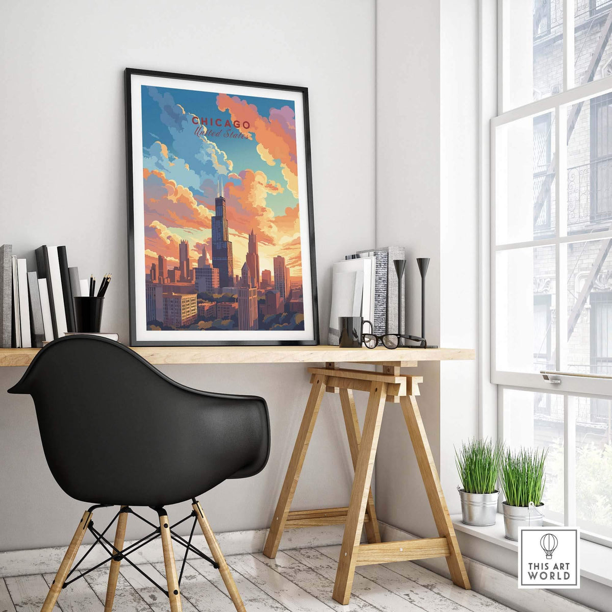 Chicago skyline poster displayed in a stylish home office, adding vibrant decor to the space. Ideal for travel enthusiasts.