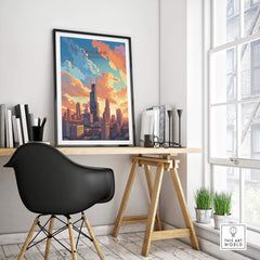 Chicago skyline poster displayed in a stylish home office, adding vibrant decor to the space. Ideal for travel enthusiasts.