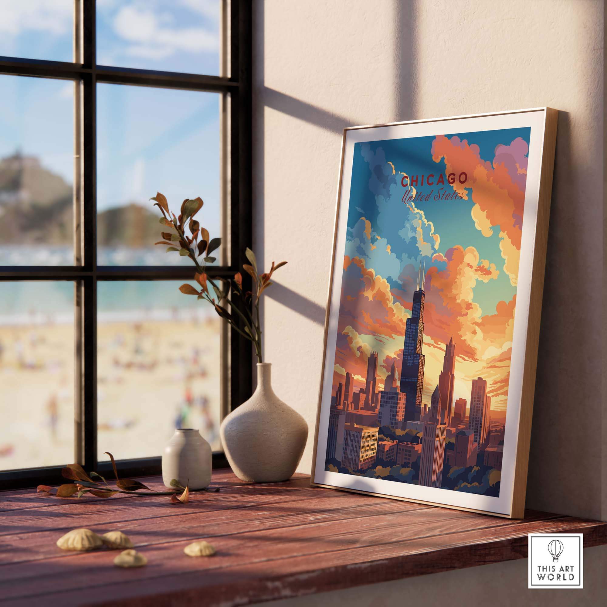 Chicago skyline poster displayed on a wooden table near a window, perfect for travel gallery decor.