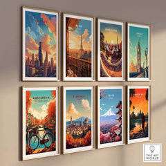 Chicago skyline poster alongside travel prints from Paris, Barcelona, London, Amsterdam, Florence, Tokyo, and Bangkok.