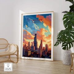 Chicago skyline poster surrounded by decor, featuring vibrant colors and clouds, perfect for travel enthusiasts.