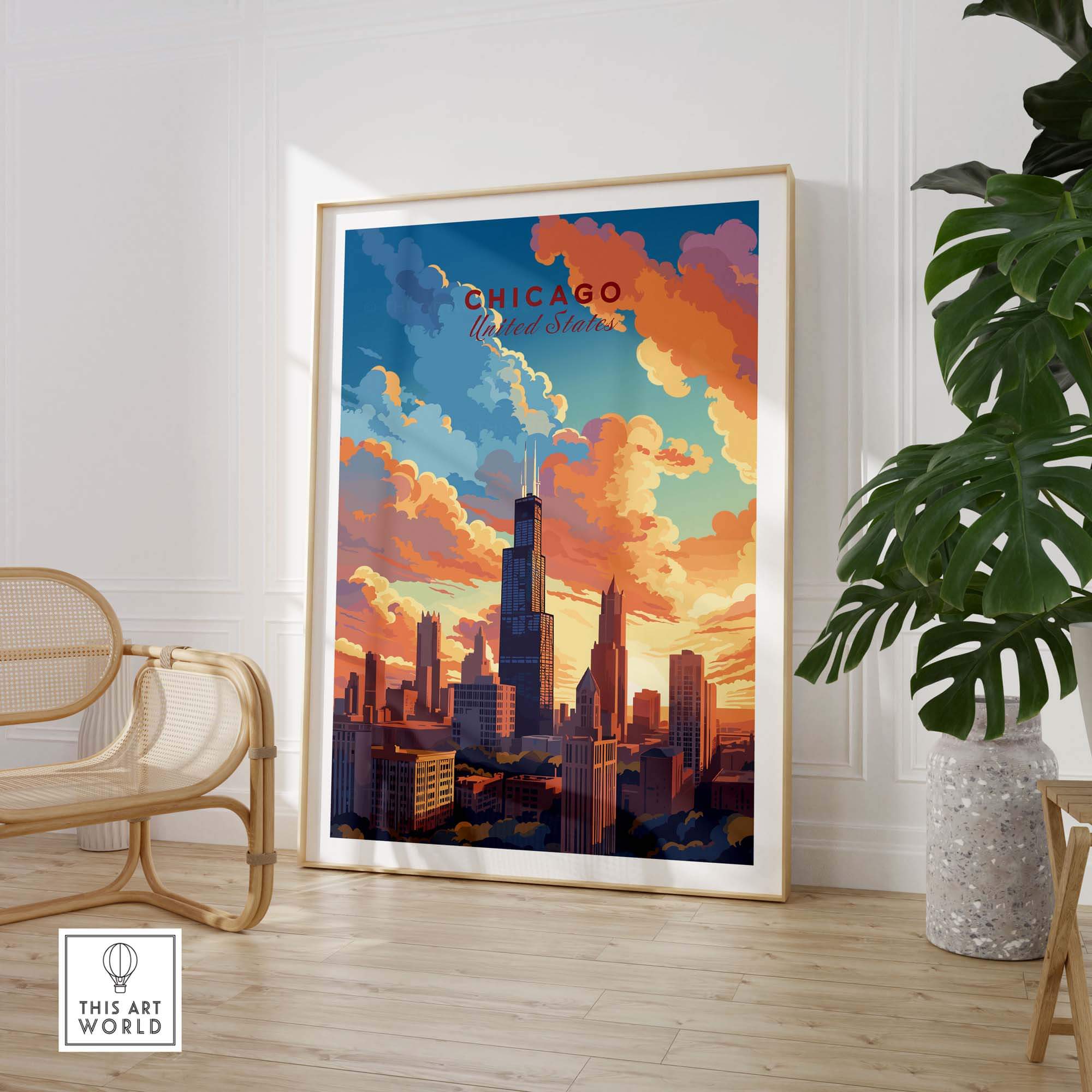 Chicago skyline poster surrounded by decor, featuring vibrant colors and clouds, perfect for travel enthusiasts.