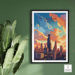 Chicago skyline poster featuring vibrant colors and iconic buildings, perfect for travel enthusiasts and art collectors.