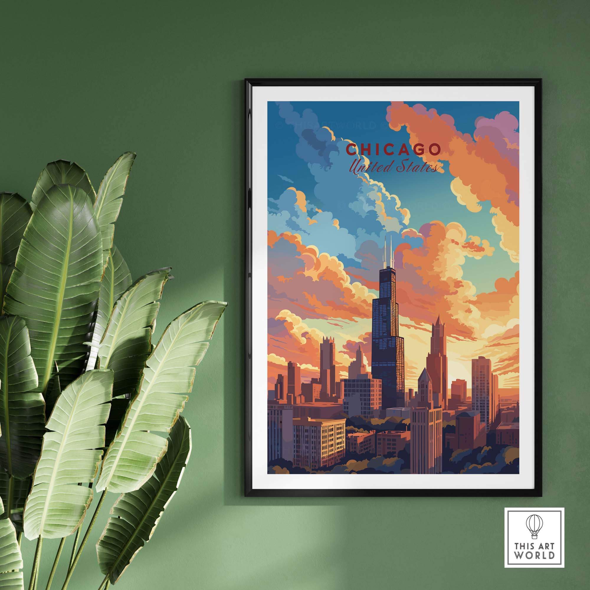 Chicago skyline poster featuring vibrant colors and iconic buildings, perfect for travel enthusiasts and art collectors.