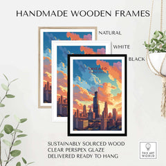 Handmade wooden frames in natural, white, and black for Chicago skyline poster, featuring sustainably sourced wood and ready to hang.