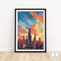 Chicago skyline poster showcasing vibrant colors and clouds, perfect for travel lovers and collectors.