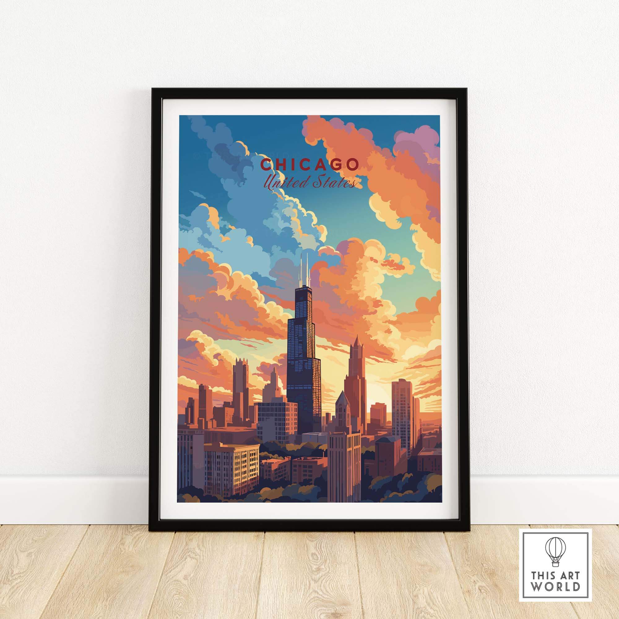 Chicago skyline poster showcasing vibrant colors and clouds, perfect for travel lovers and collectors.