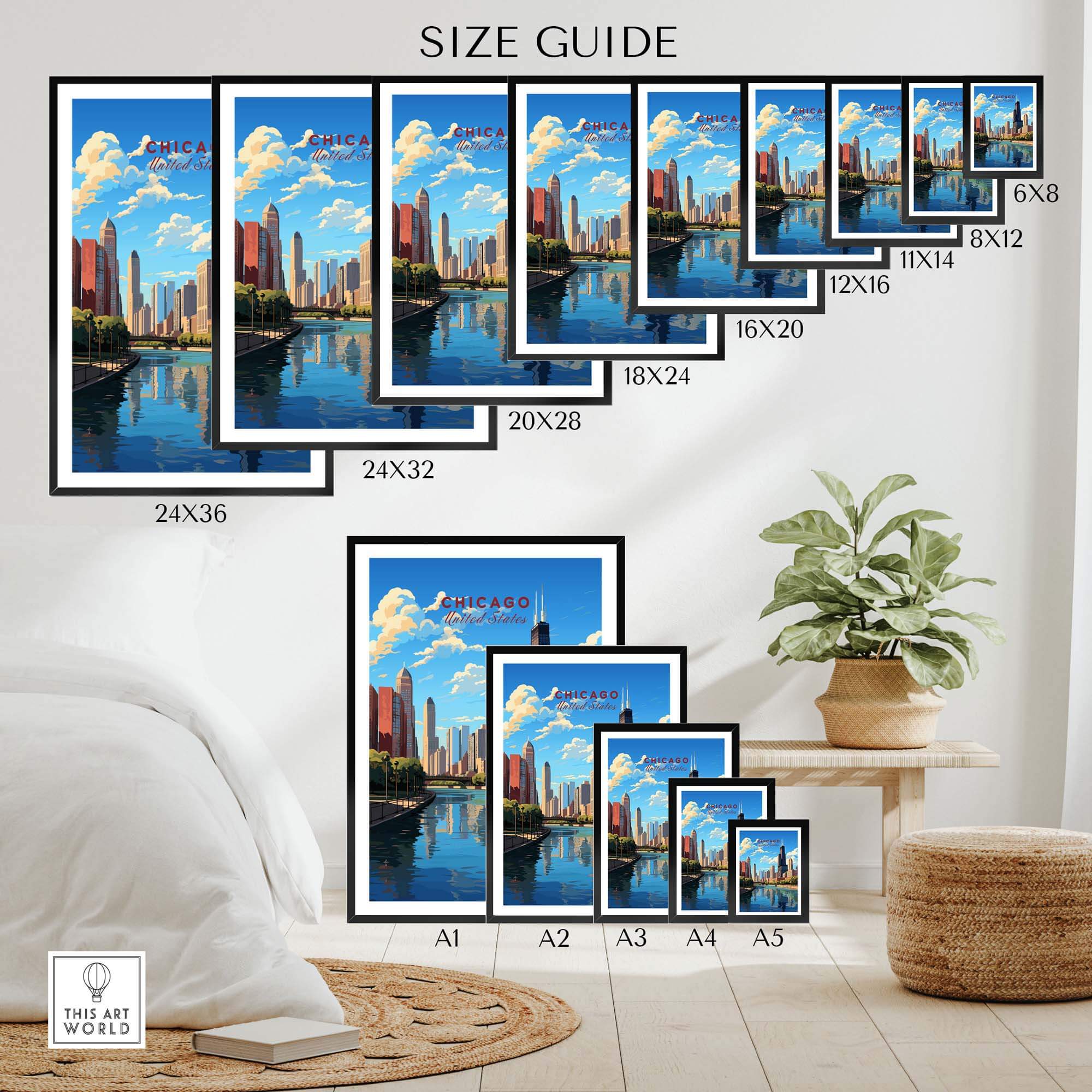 Chicago Wall Art size guide showcasing various print dimensions in a stylish living room setting.