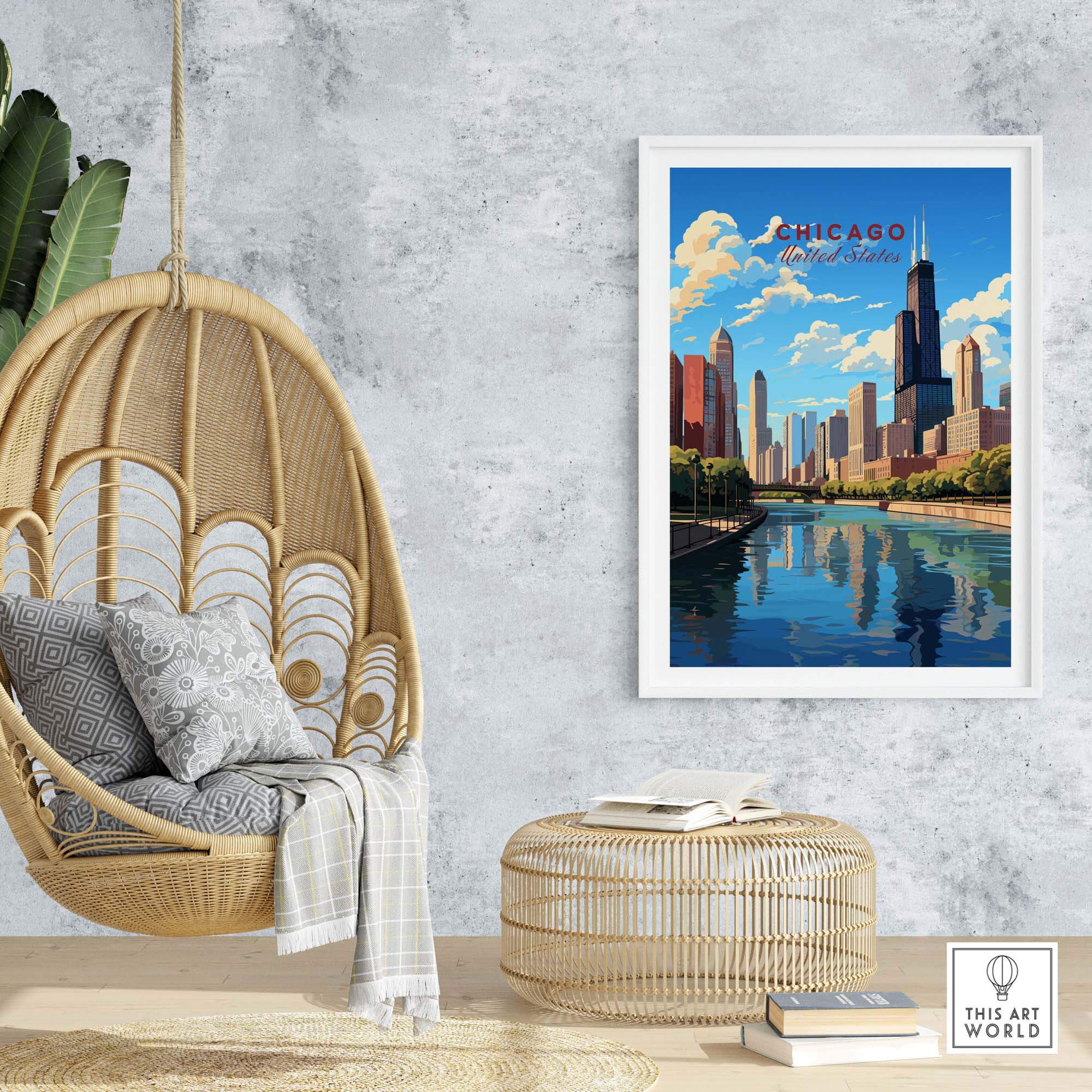 Vibrant Chicago wall art showcasing the iconic skyline, enhancing home decor with a touch of city beauty.