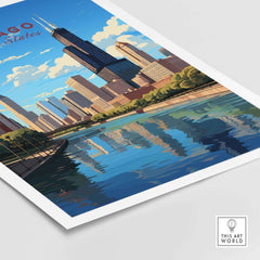 Vibrant Chicago wall art print featuring the skyline and reflections in the water, perfect for home or office decor.