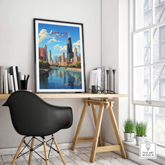 Chicago Wall Art print featuring iconic skyline, displayed in a stylish home office setting with modern decor.